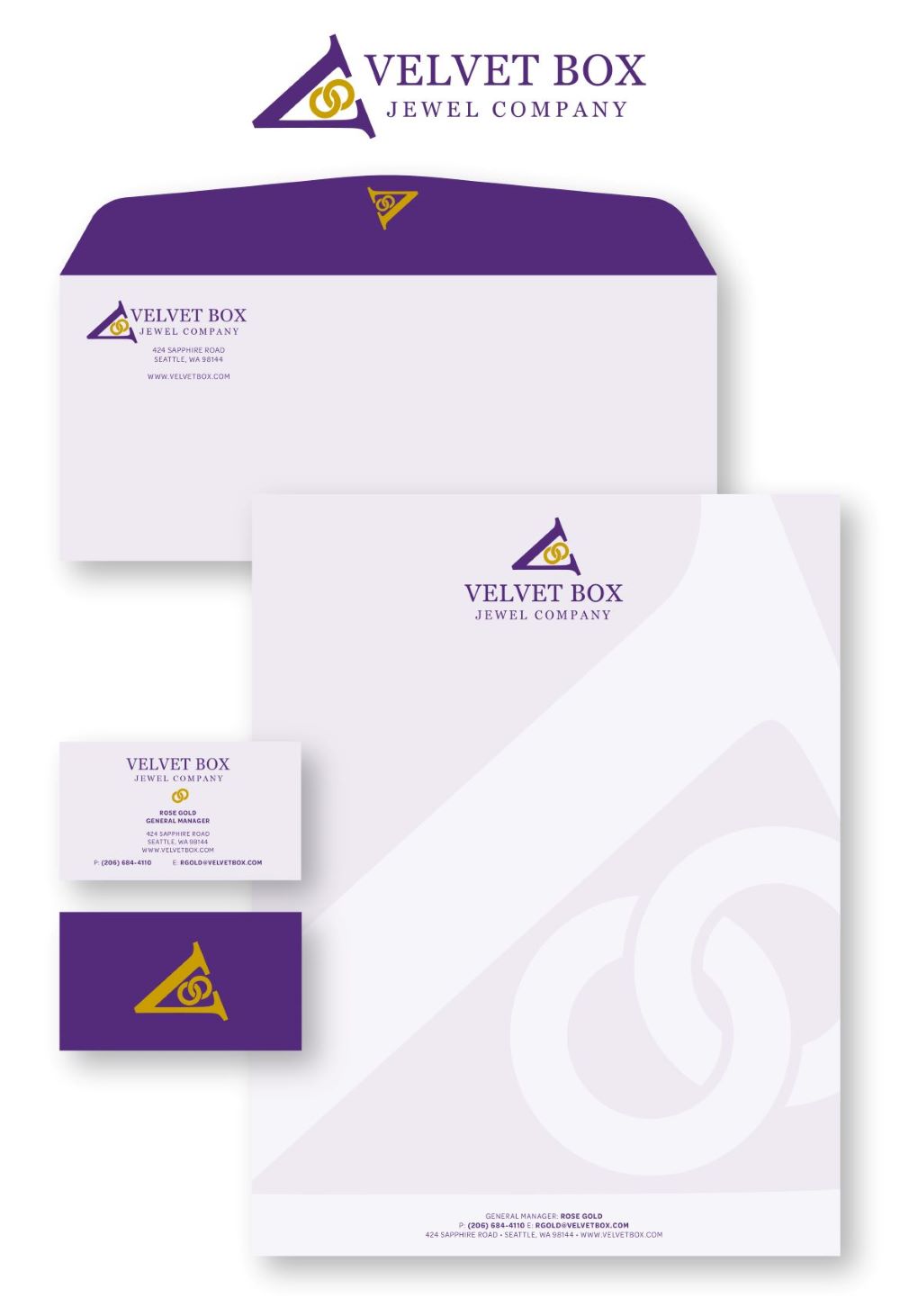 Velvet Box identity package with purple and gold envelope, letterhead, and business card