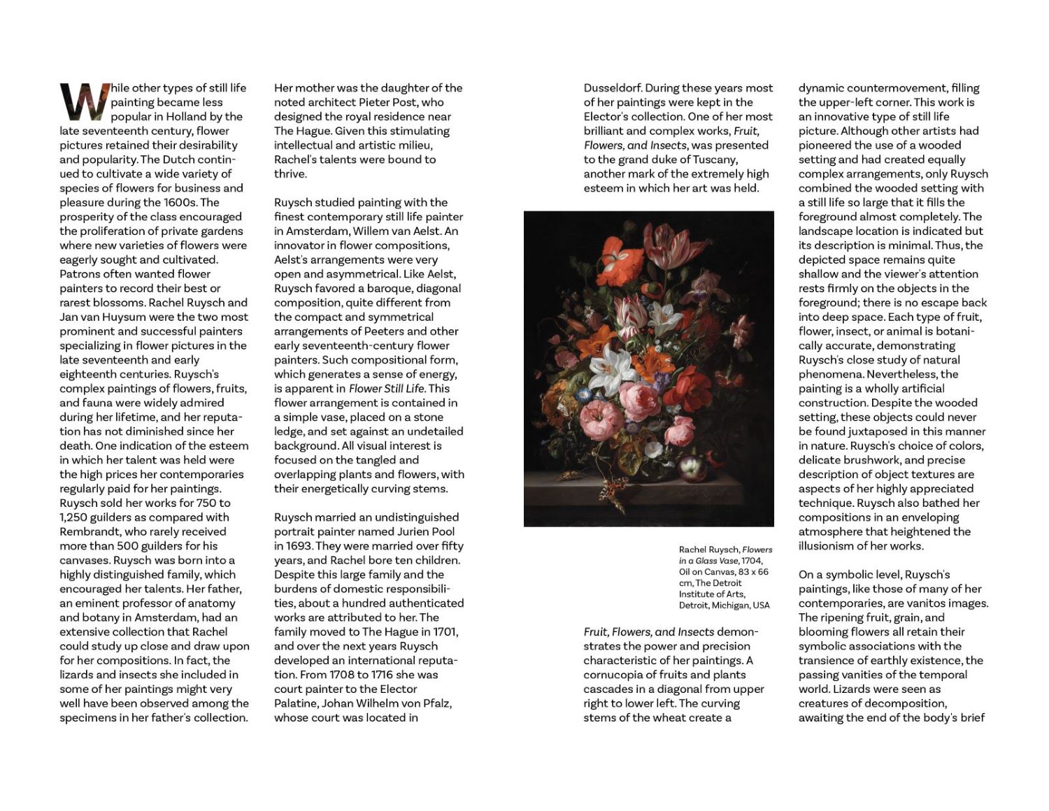 Inside pages of Rachel Ruysch pamphlet with text and small image of Flowers in a Glass Vase